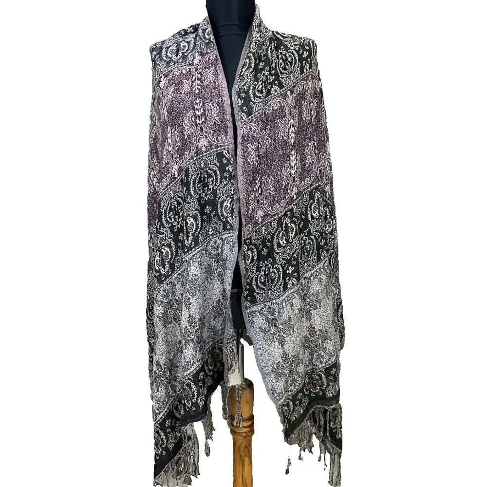 Chico's Wrap Shawl Stole Cardigan beaded black purple Fringed Hem approx26”x81”